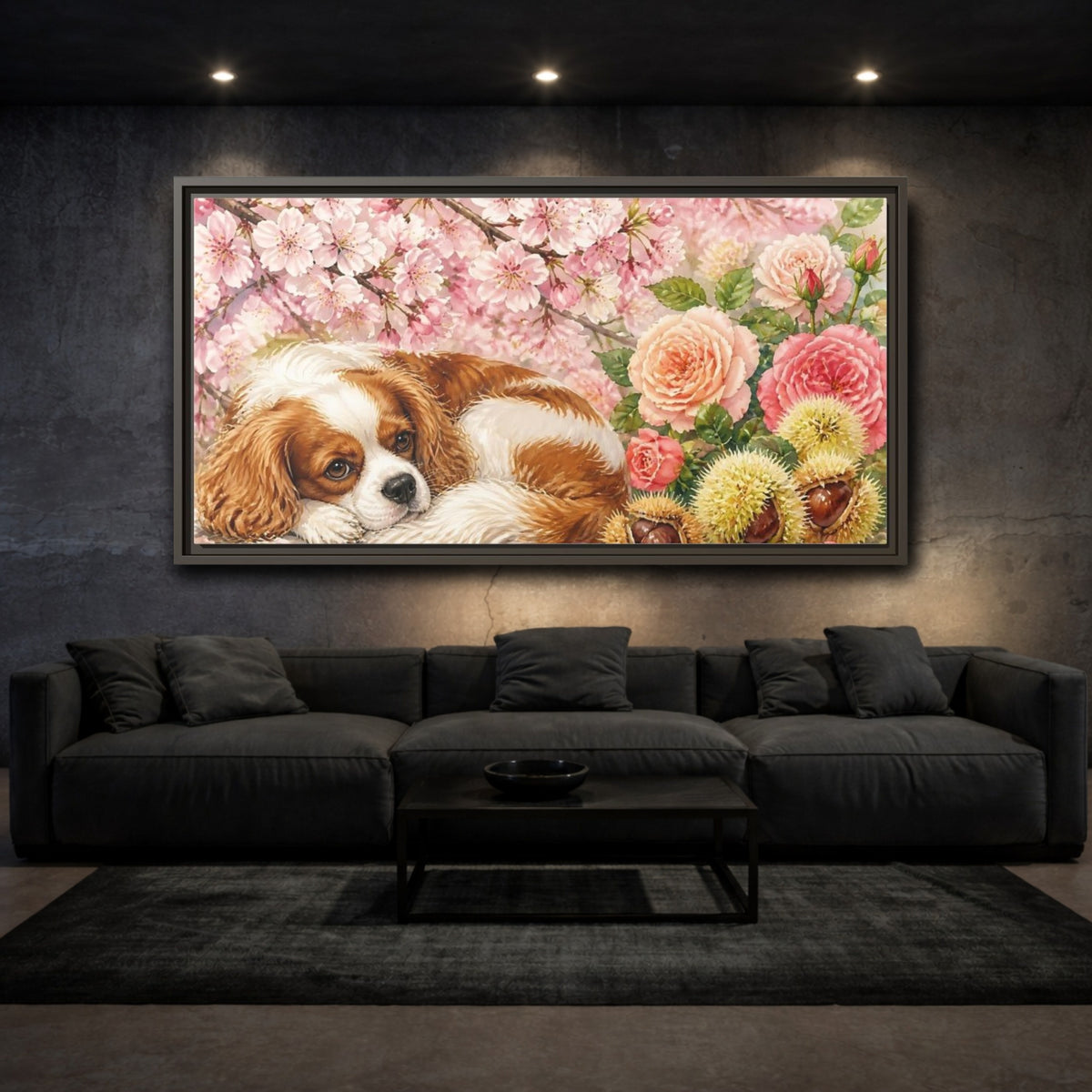 Mockup 3. Sleeping Cavalier In Blossoms shown as framed canvas print