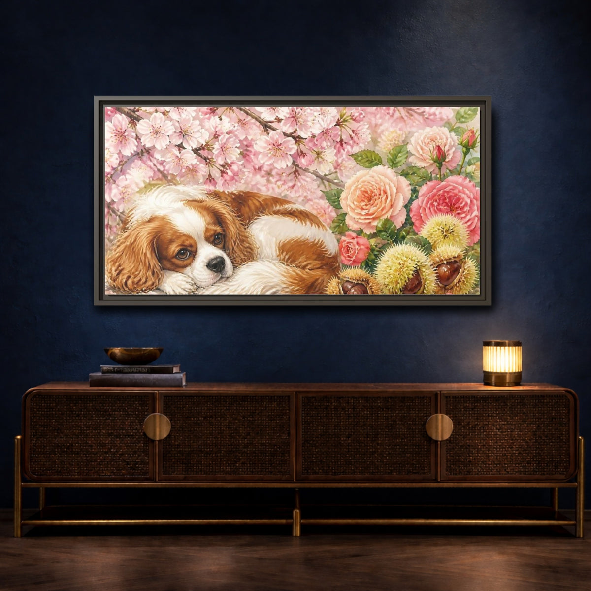 Mockup 4. Sleeping Cavalier In Blossoms shown as framed canvas print