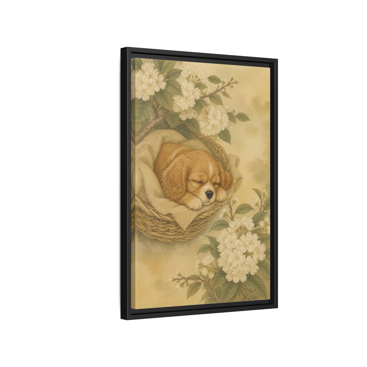 Side Mockup 3. Sleeping Puppy In Basket shown as framed canvas print