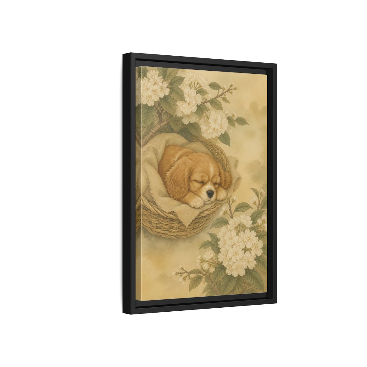 Side Mockup 6. Sleeping Puppy In Basket shown as framed canvas print