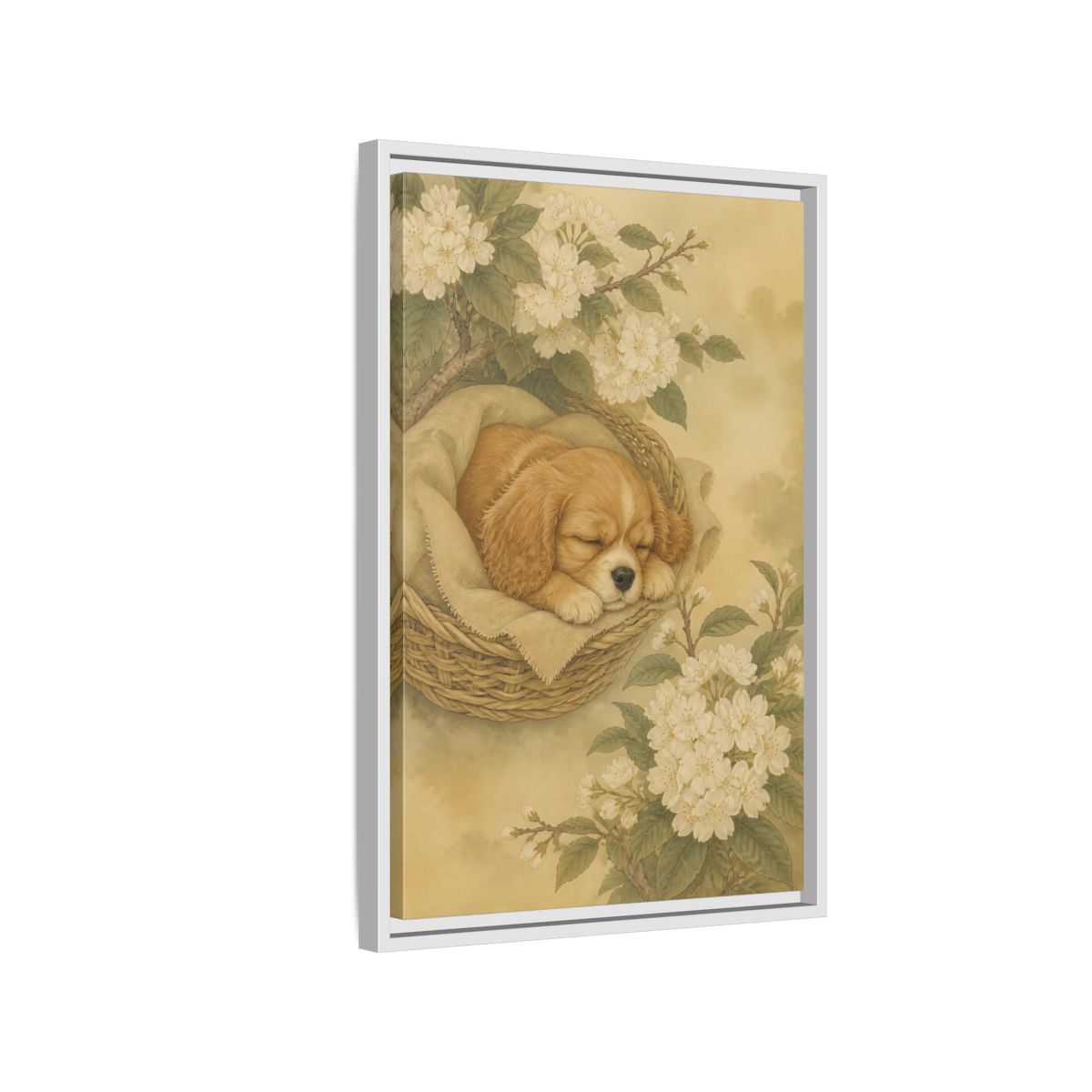 Side Mockup 1. Sleeping Puppy In Basket shown as framed canvas print
