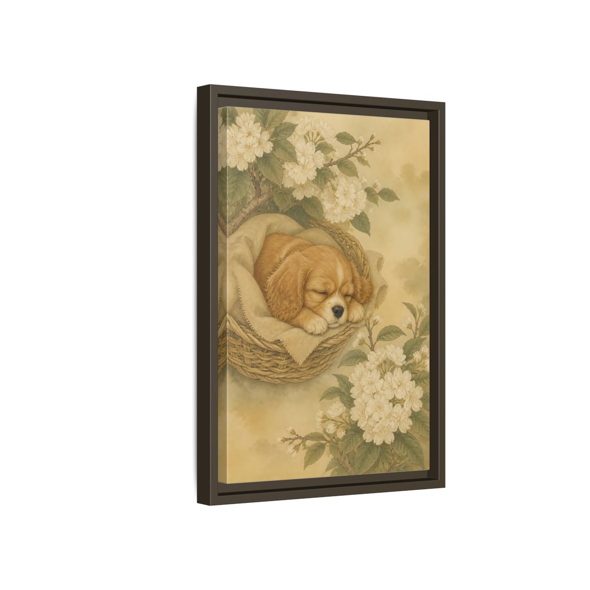 Side Mockup 5. Sleeping Puppy In Basket shown as framed canvas print