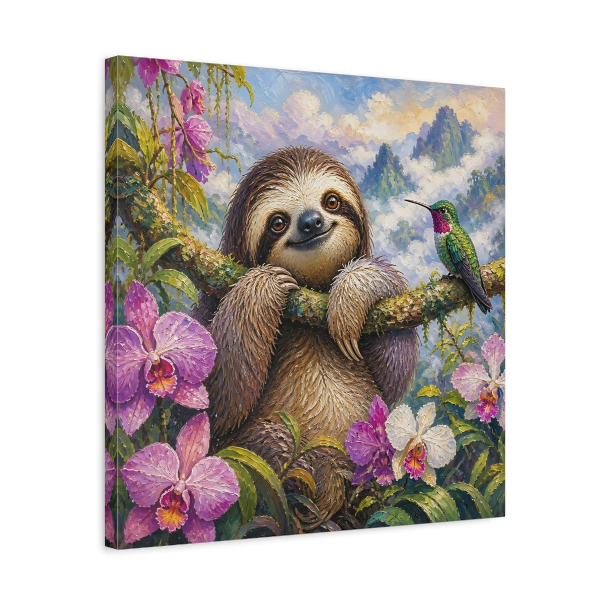 Side Mockup 5. Smiling Sloth With Hummingbird shown as canvas print