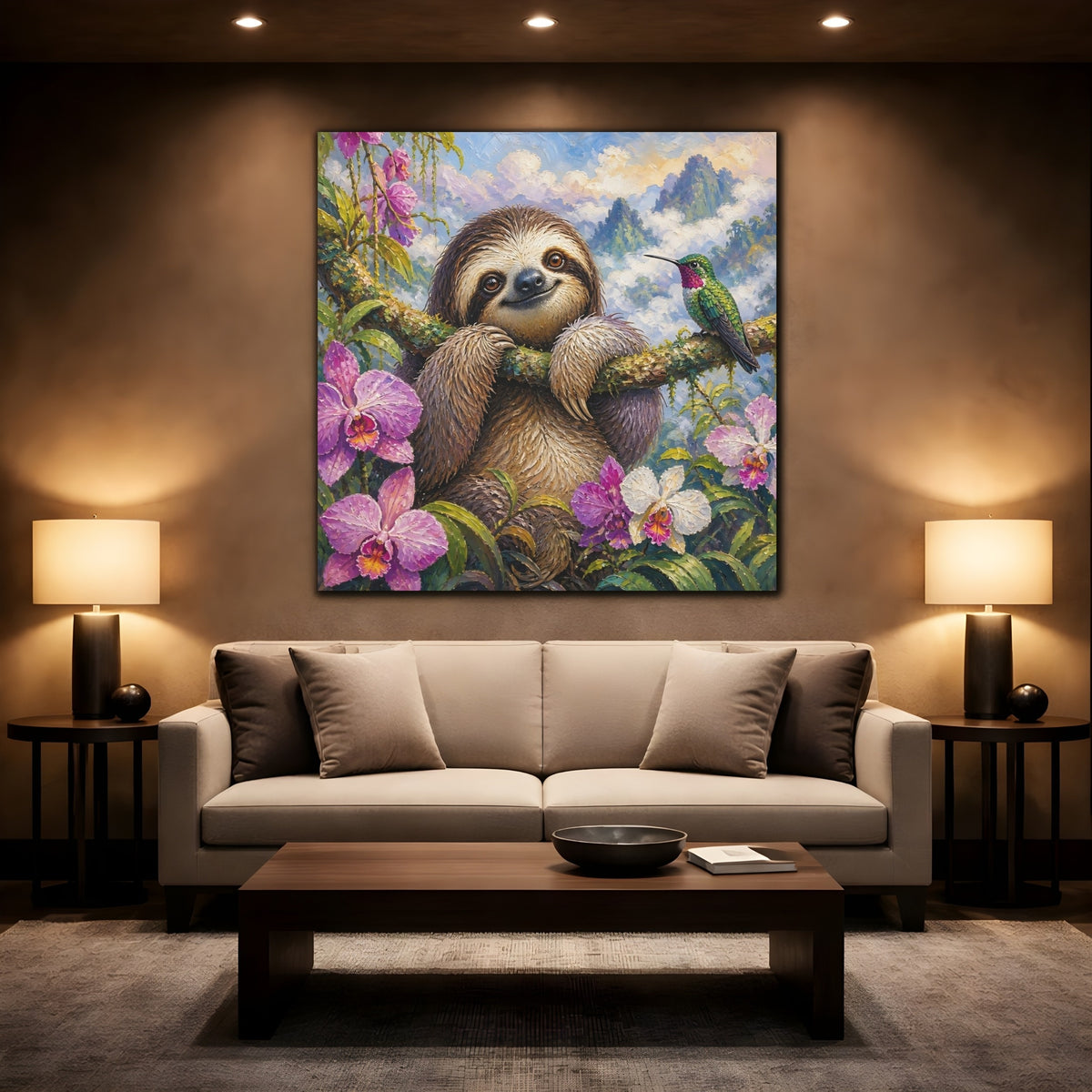 Mockup 2. Smiling Sloth With Hummingbird shown as canvas print