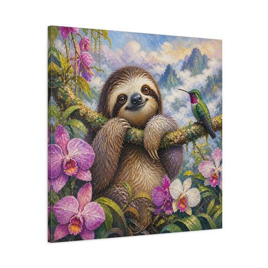 Main Mockup. Smiling Sloth With Orchids shown as canvas print