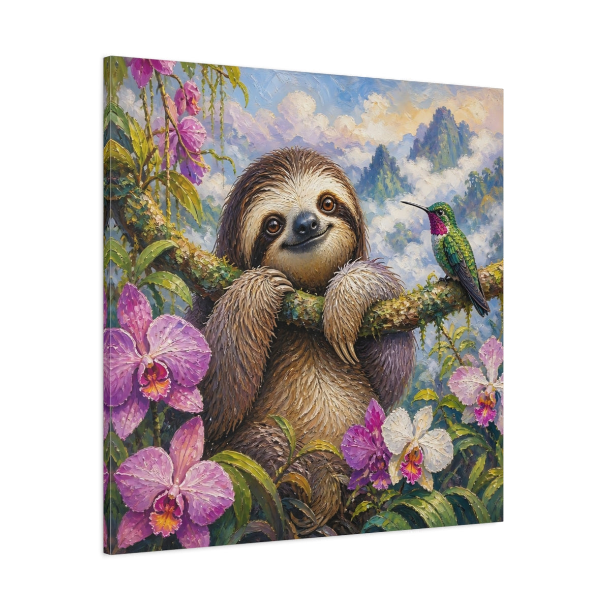 Side Mockup 1. Smiling Sloth With Orchids shown as canvas print