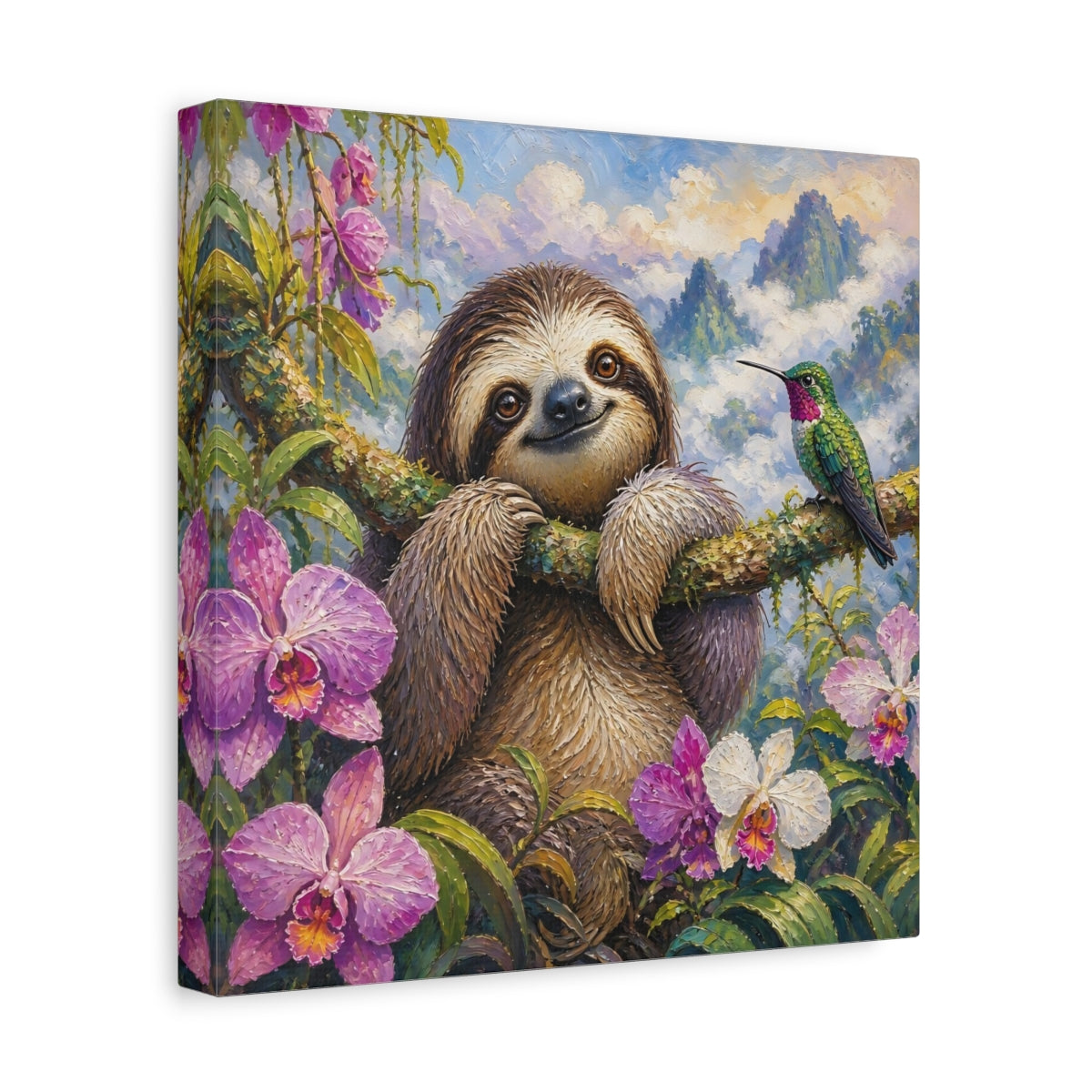 Side Mockup 8. Smiling Sloth With Orchids shown as canvas print