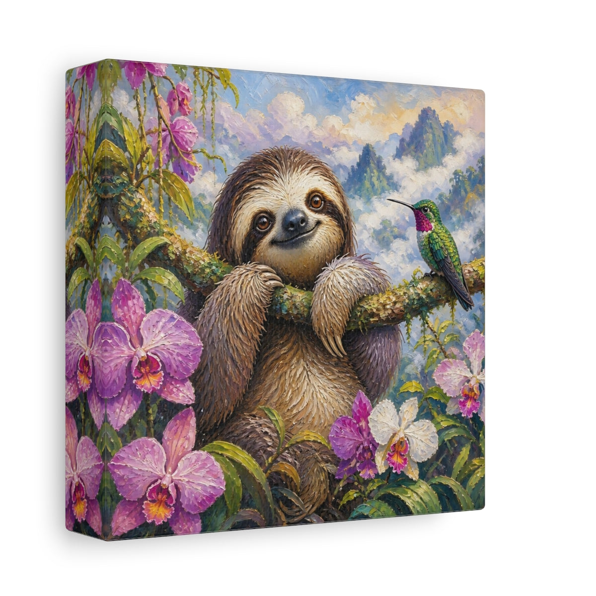 Side Mockup 2. Smiling Sloth With Orchids shown as canvas print