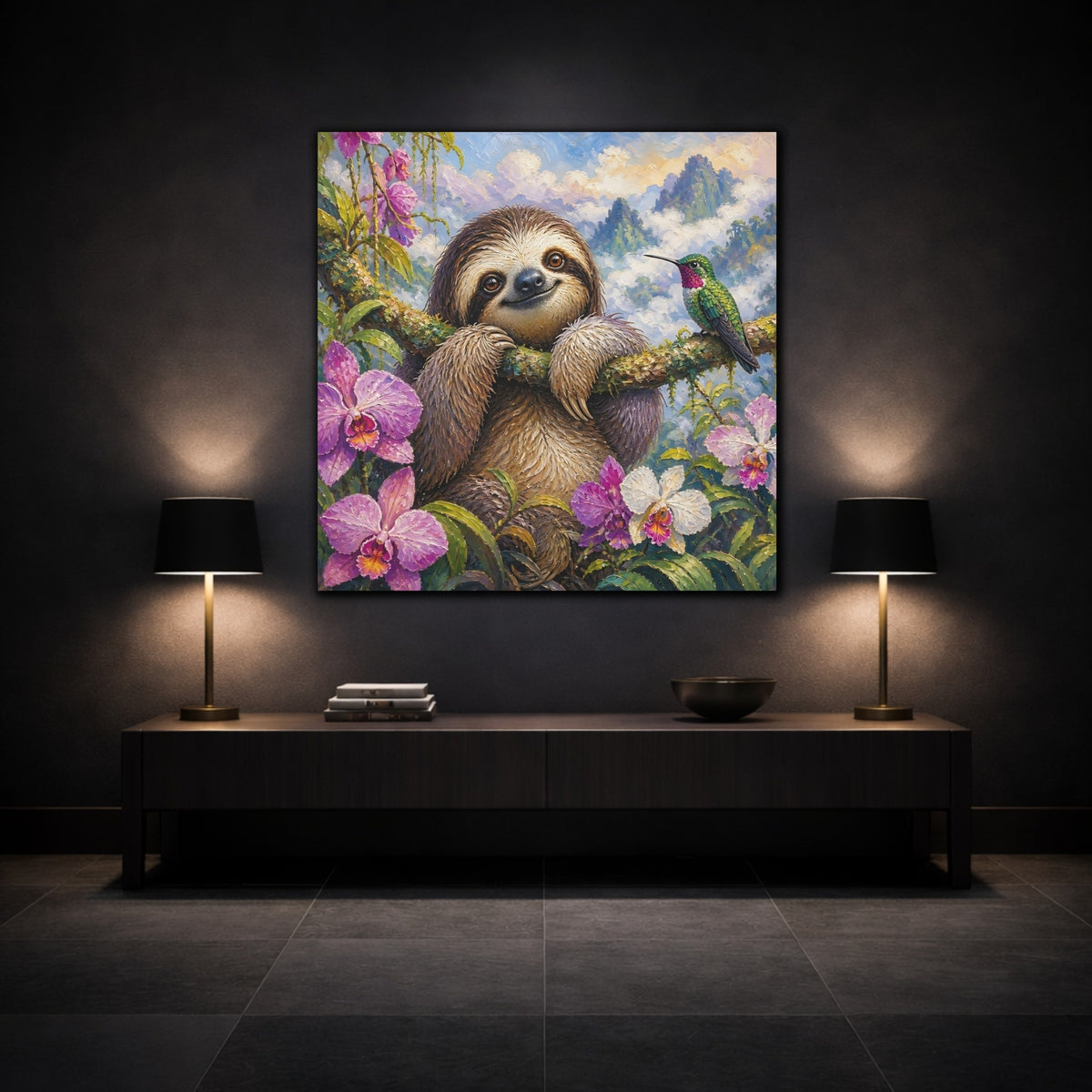 Mockup 3. Smiling Sloth With Orchids shown as canvas print