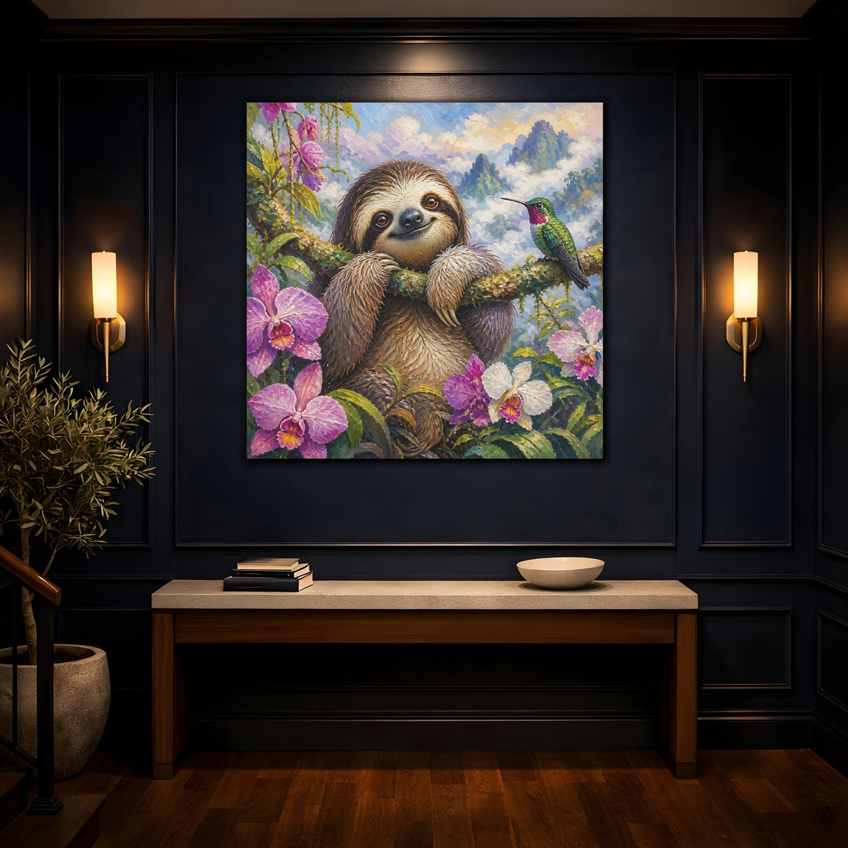 Mockup 4. Smiling Sloth With Orchids shown as canvas print