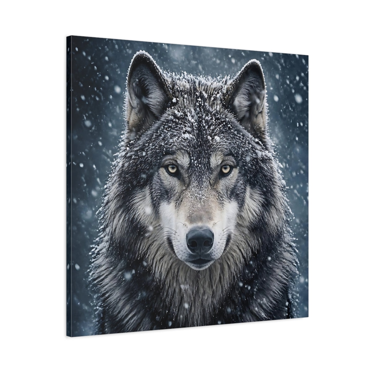 Main Mockup. Snow Wolf Portrait shown as canvas print