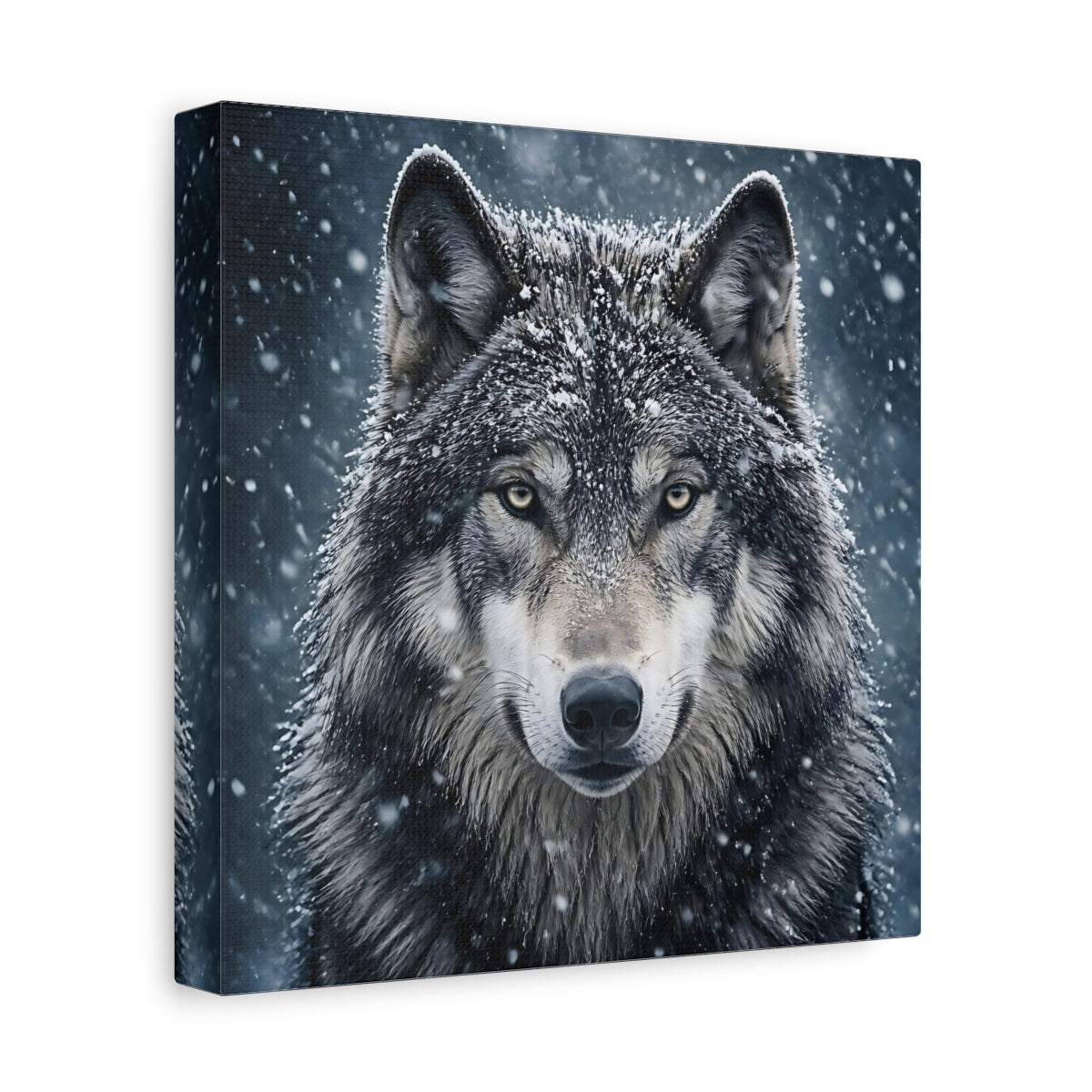 Side Mockup 9. Snow Wolf Portrait shown as canvas print