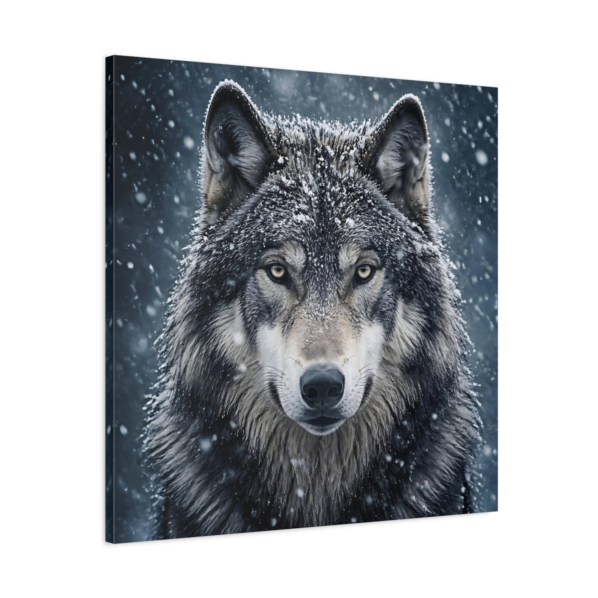 Side Mockup 3. Snow Wolf Portrait shown as canvas print