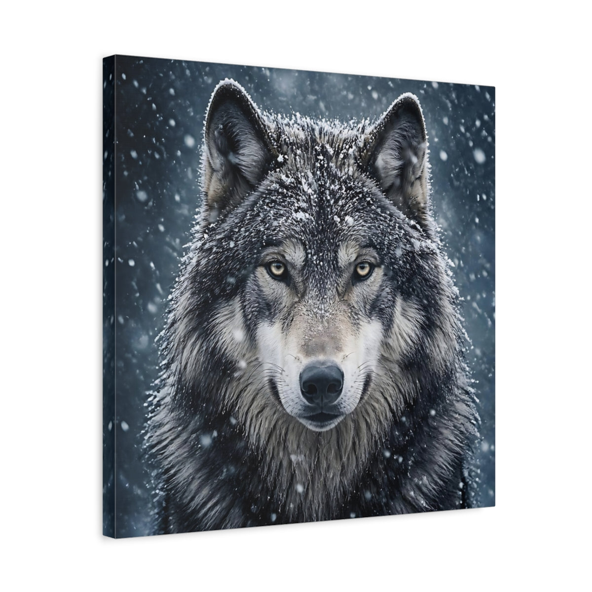 Side Mockup 5. Snow Wolf Portrait shown as canvas print