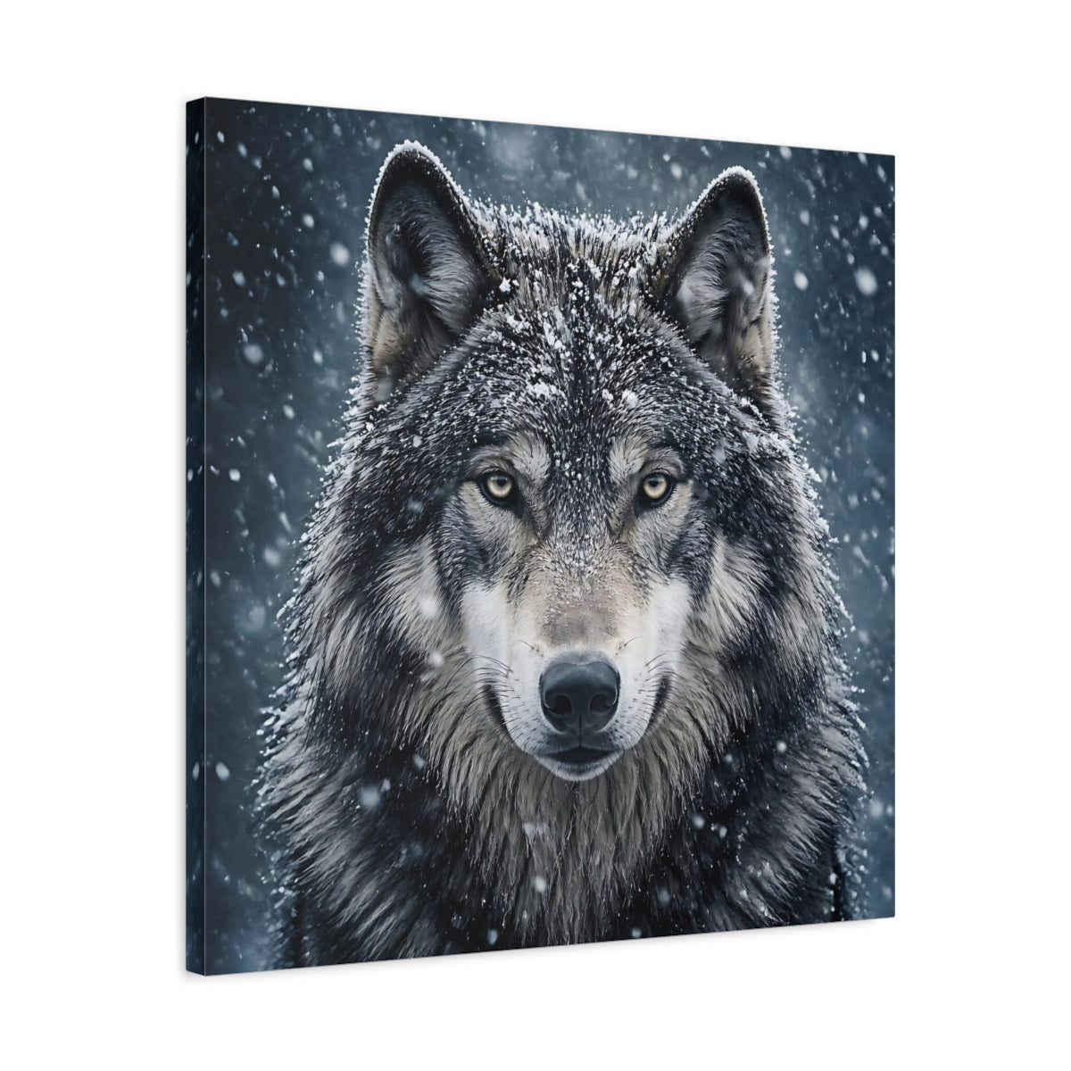 Side Mockup 4. Snow Wolf Portrait shown as canvas print