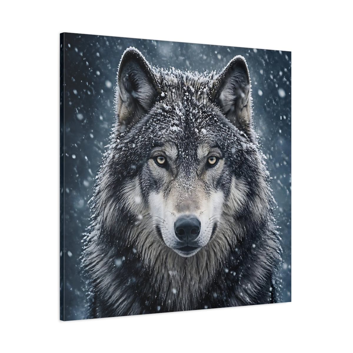 Side Mockup 1. Snow Wolf Portrait shown as canvas print