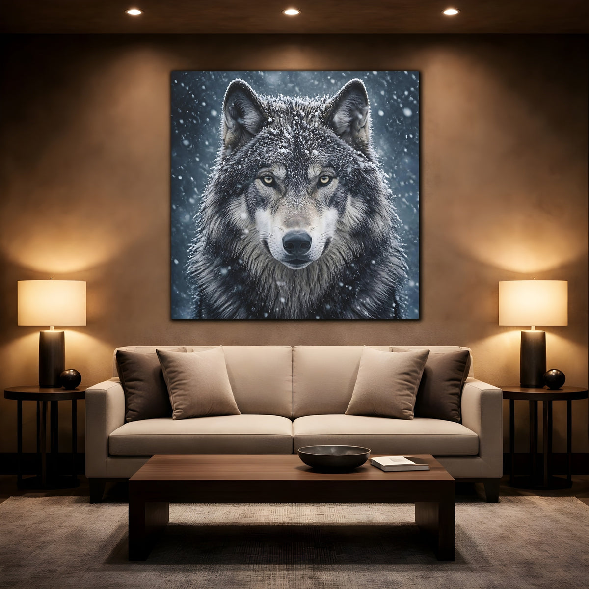 Mockup 2. Snow Wolf Portrait shown as canvas print