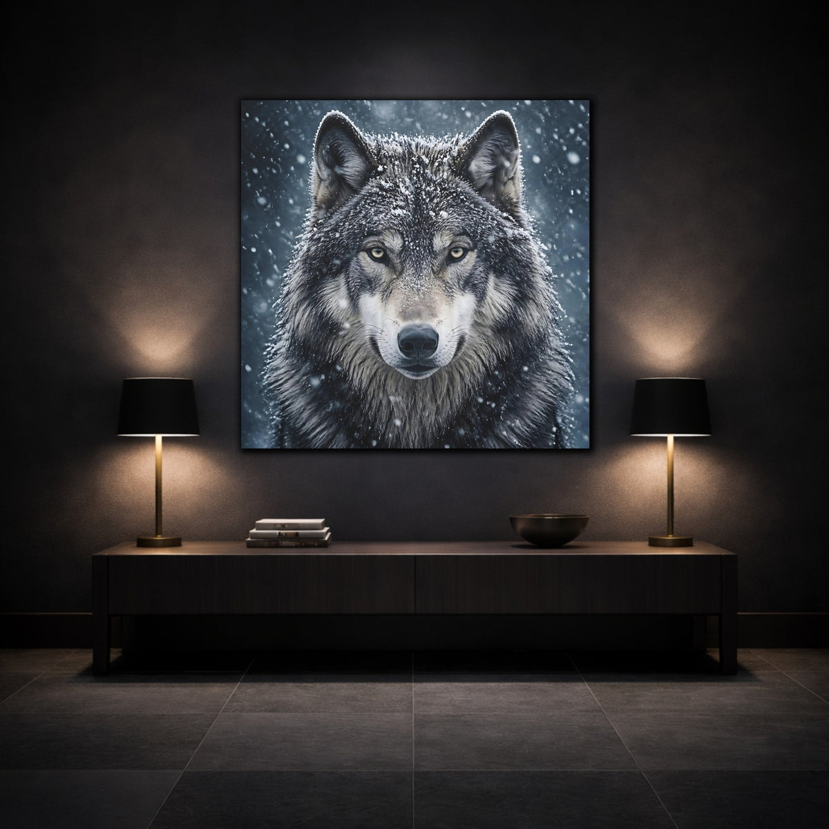 Mockup 3. Snow Wolf Portrait shown as canvas print