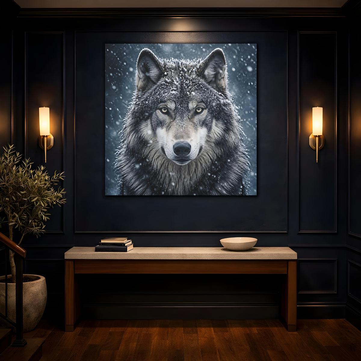 Mockup 4. Snow Wolf Portrait shown as canvas print