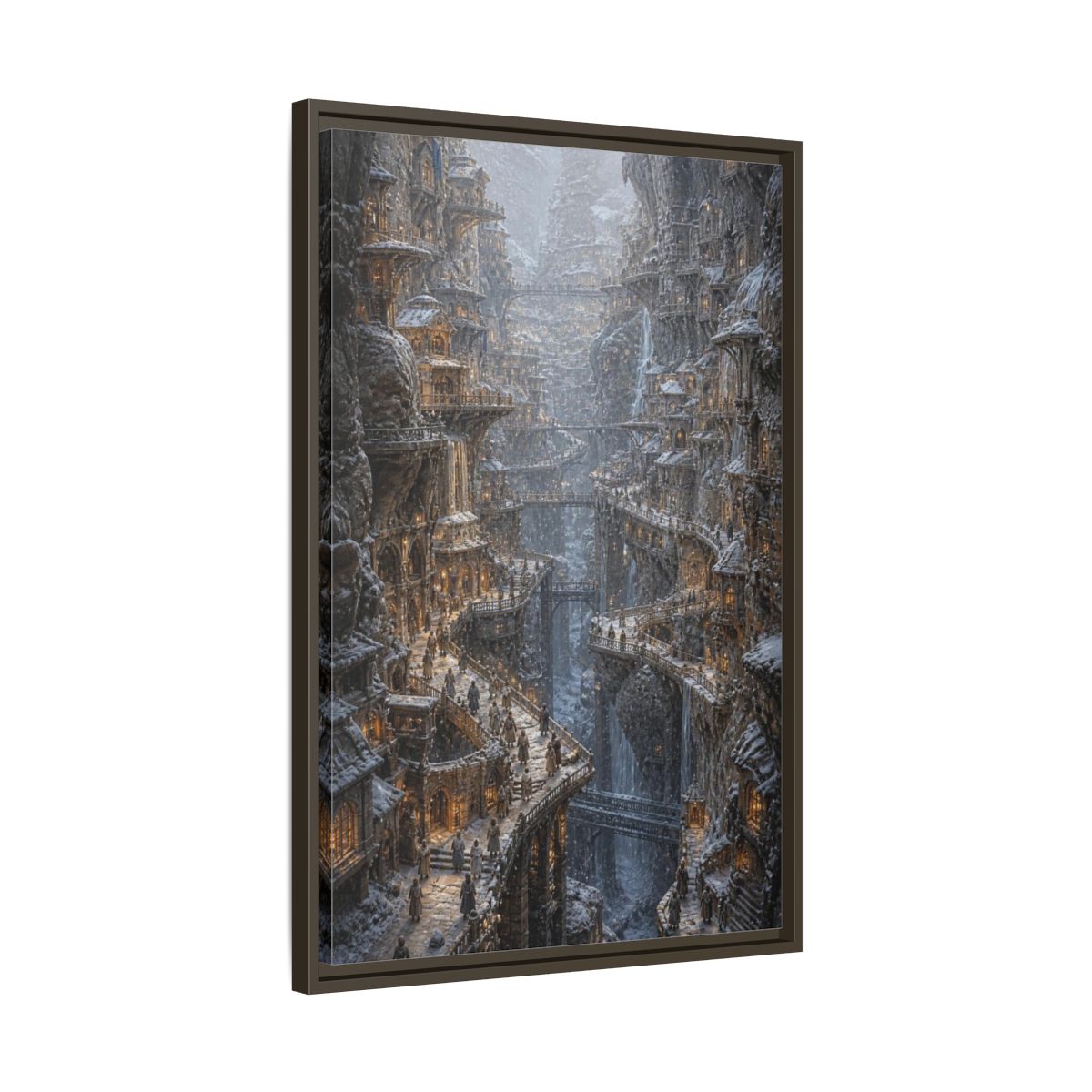 Side Mockup 11. Snowbound Cliffside City shown as framed canvas print