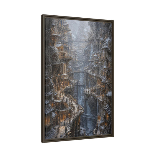 Main Mockup. Snowbound Cliffside City shown as framed canvas print