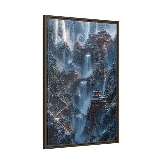 Main Mockup. Snowbound Waterfall Temple shown as framed canvas print