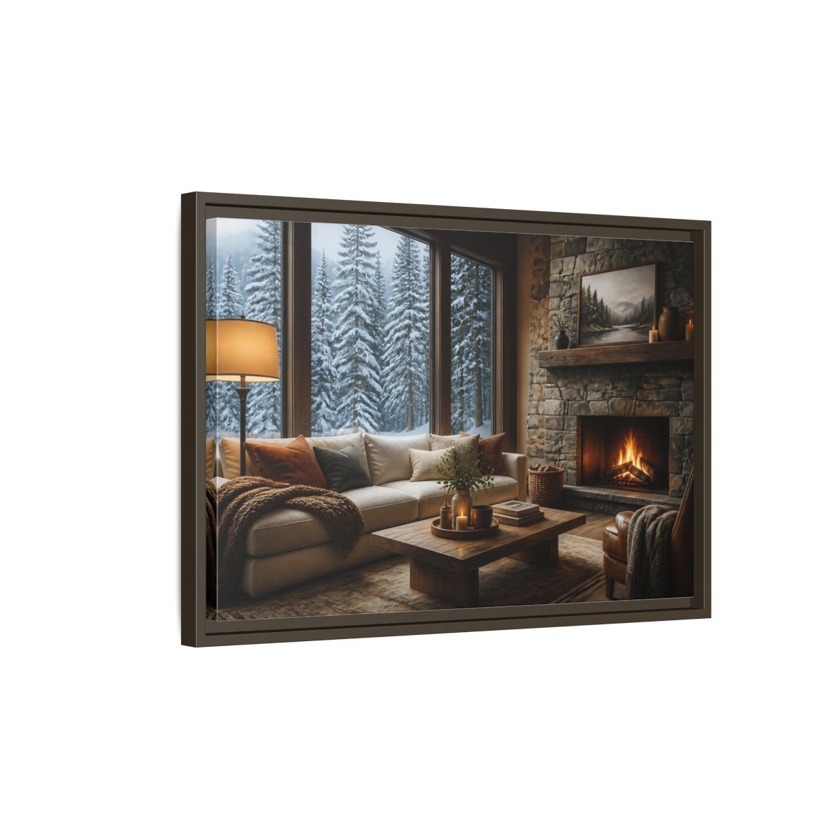 Side Mockup 2. Snowy Forest Window View shown as framed canvas print