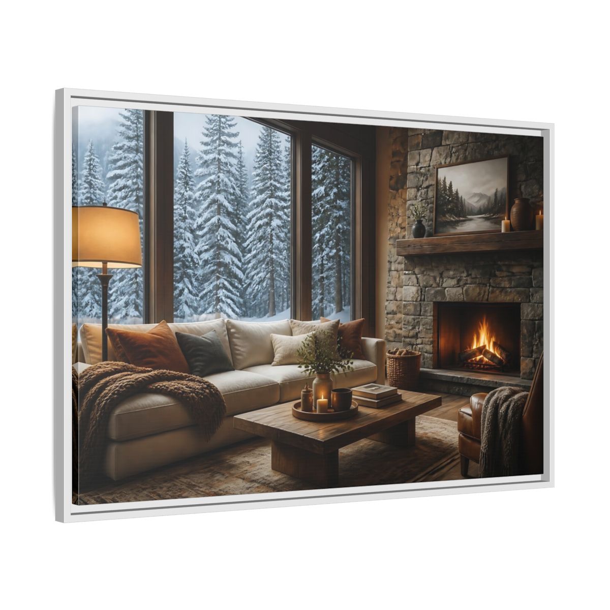 Side Mockup 9. Snowy Forest Window View shown as framed canvas print