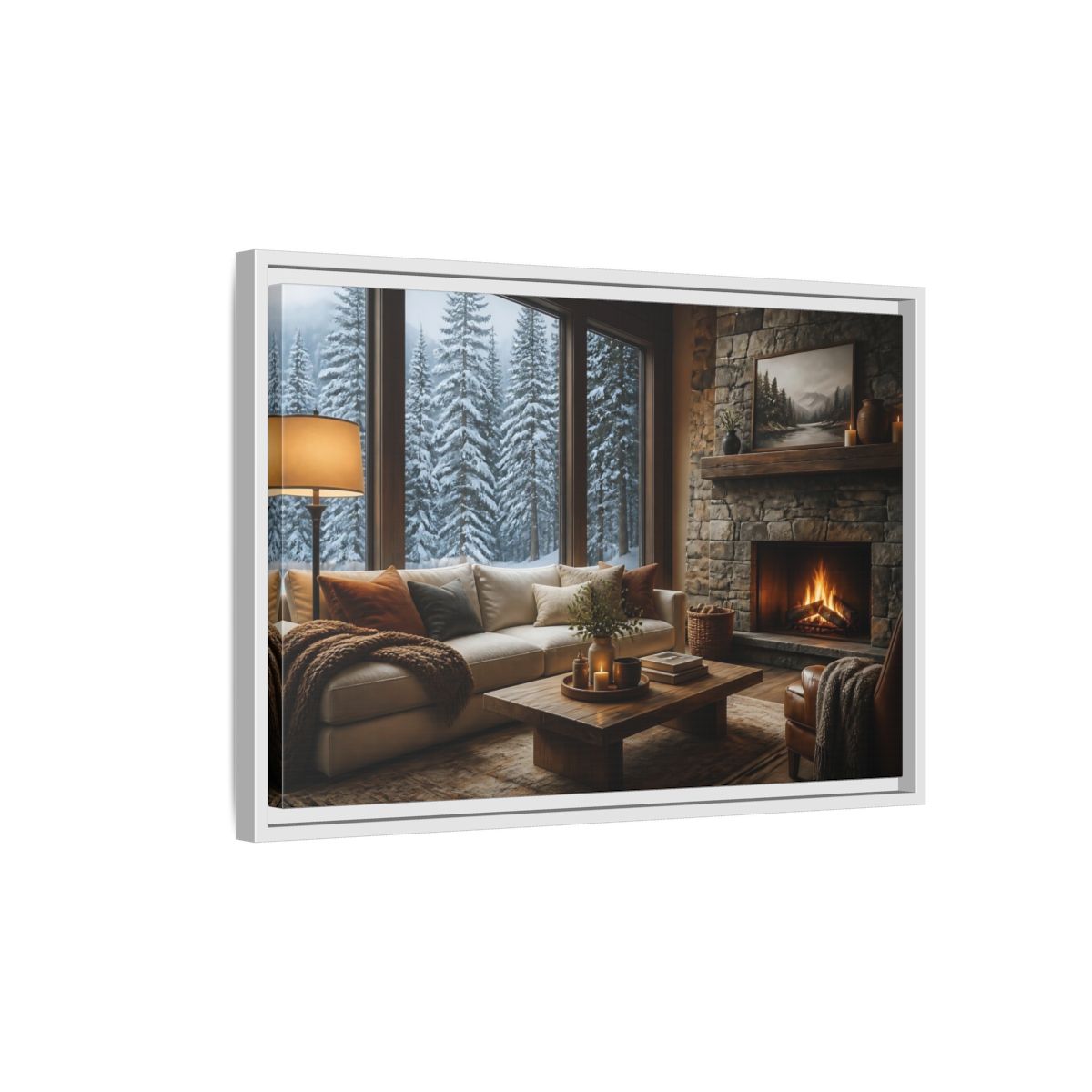 Side Mockup 1. Snowy Forest Window View shown as framed canvas print