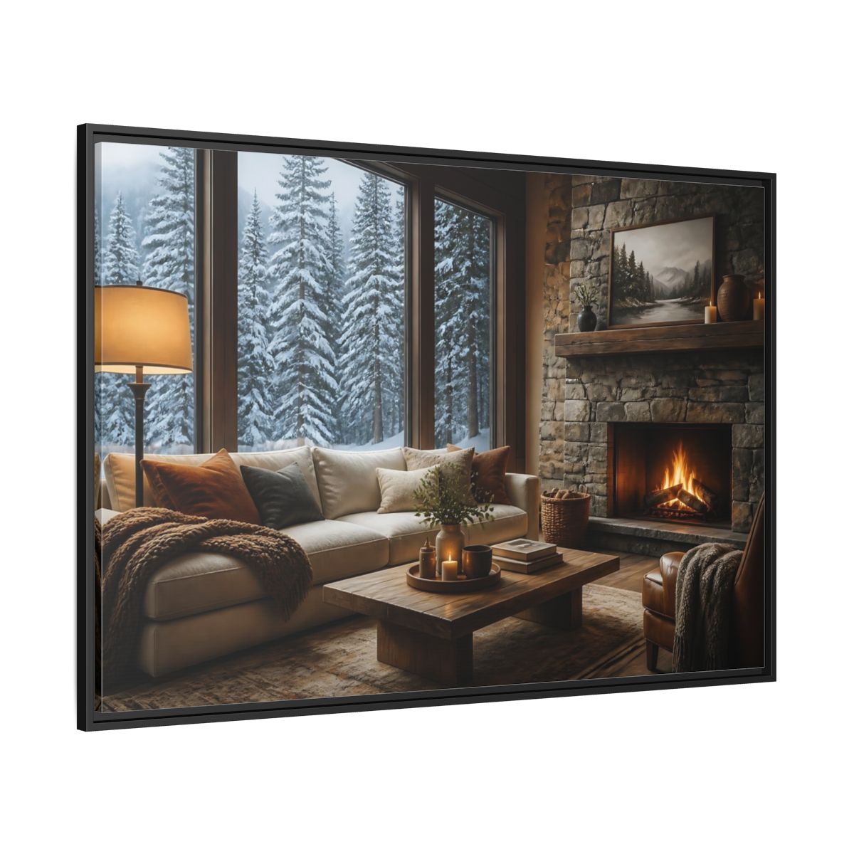 Side Mockup 12. Snowy Forest Window View shown as framed canvas print