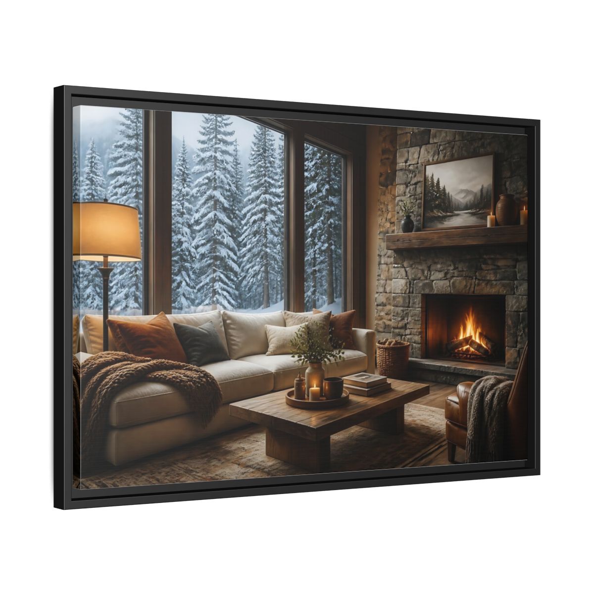 Side Mockup 14. Snowy Forest Window View shown as framed canvas print