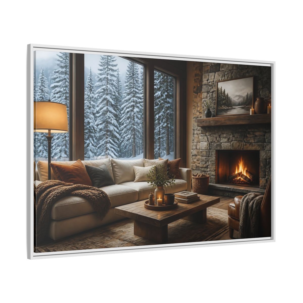 Side Mockup 7. Snowy Forest Window View shown as framed canvas print
