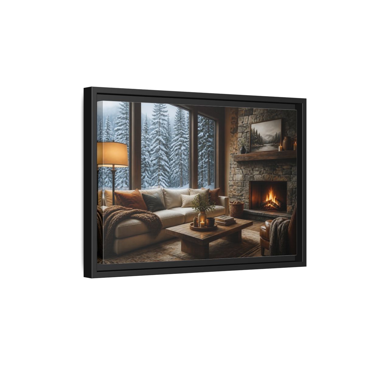 Side Mockup 6. Snowy Forest Window View shown as framed canvas print