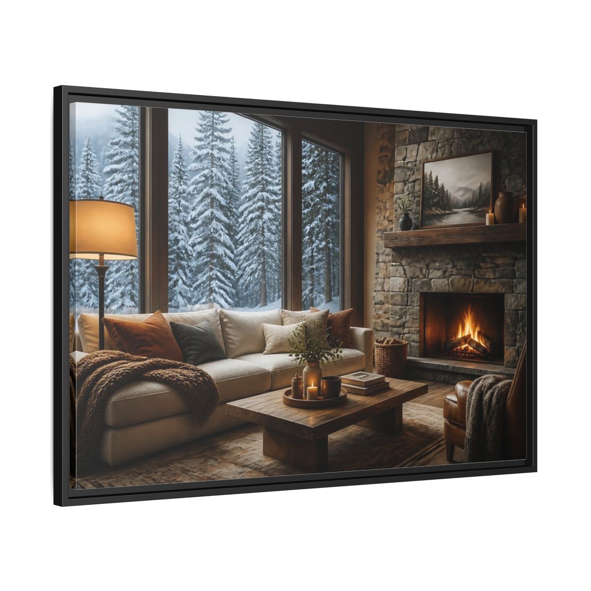 Side Mockup 13. Snowy Forest Window View shown as framed canvas print