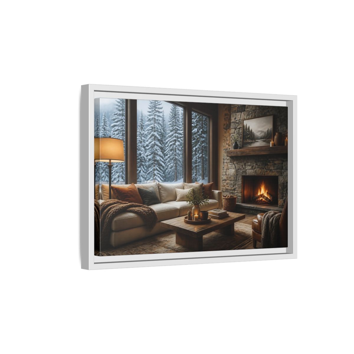 Side Mockup 4. Snowy Forest Window View shown as framed canvas print