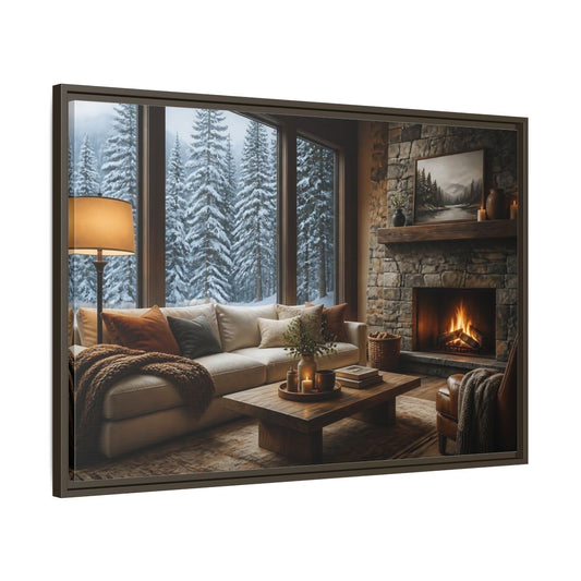 Main Mockup. Snowy Forest Window View shown as framed canvas print