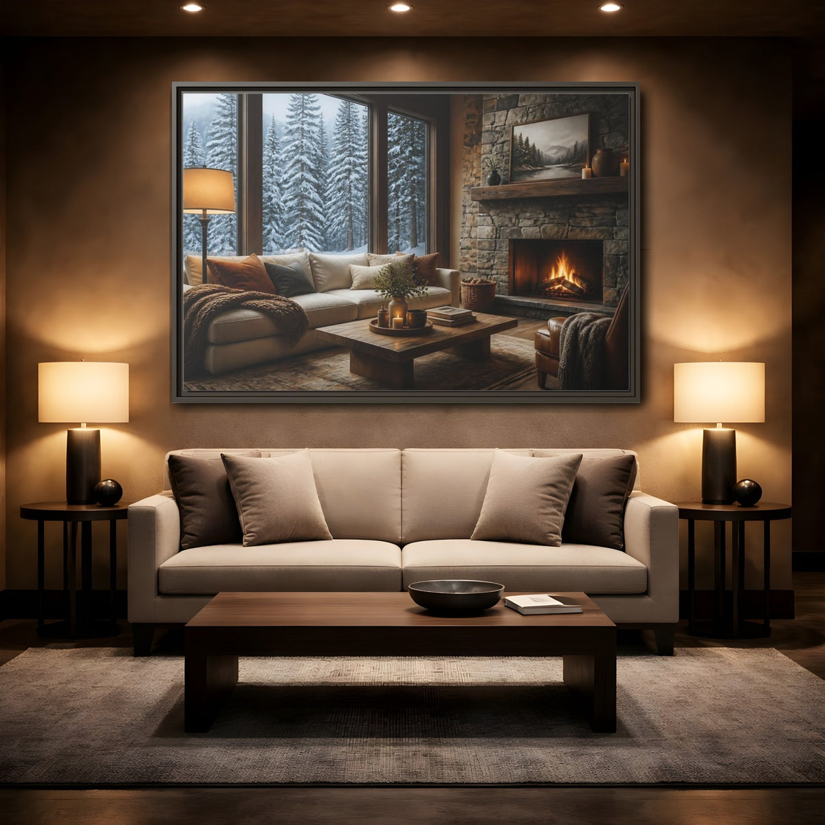 Mockup 2. Snowy Forest Window View shown as framed canvas print