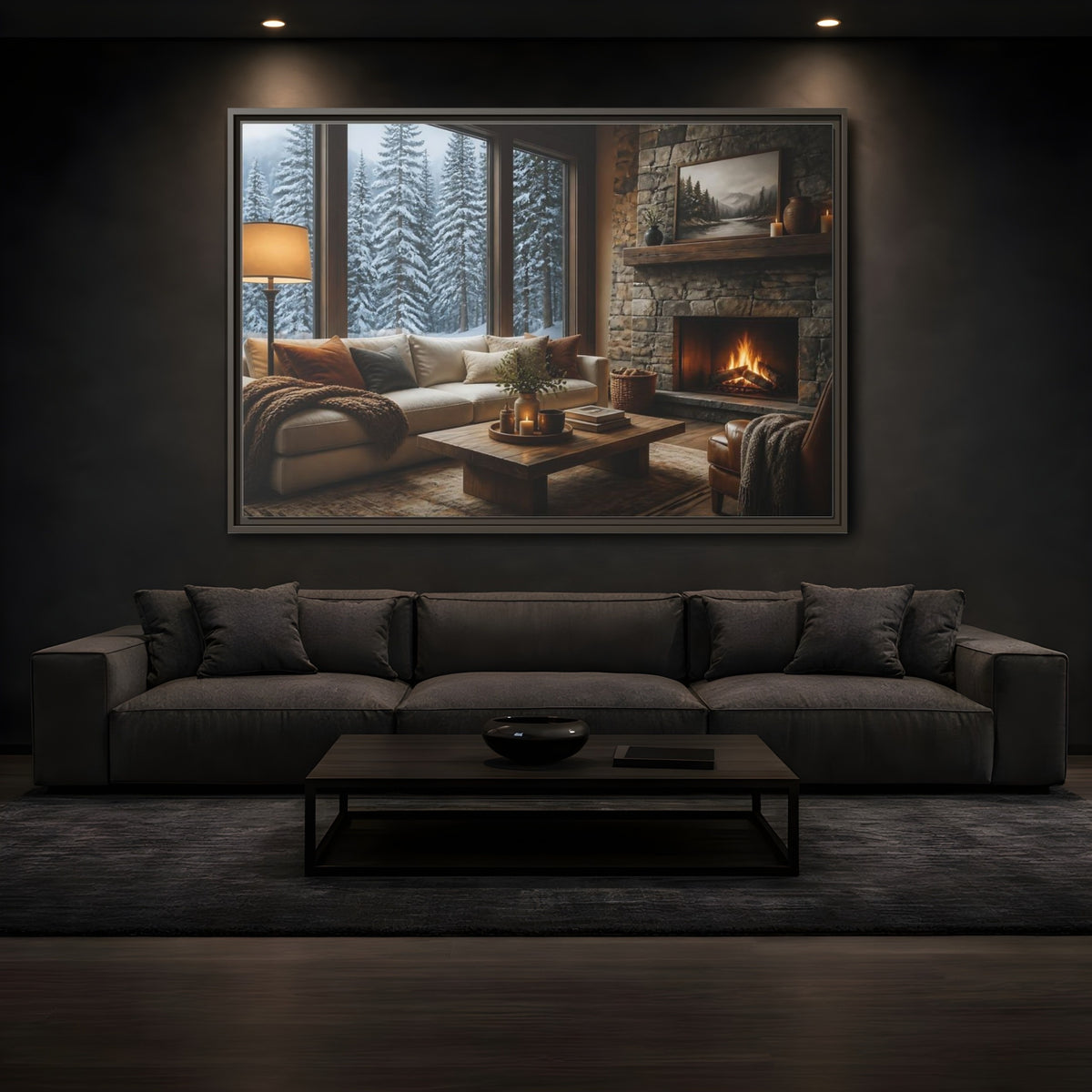 Mockup 3. Snowy Forest Window View shown as framed canvas print