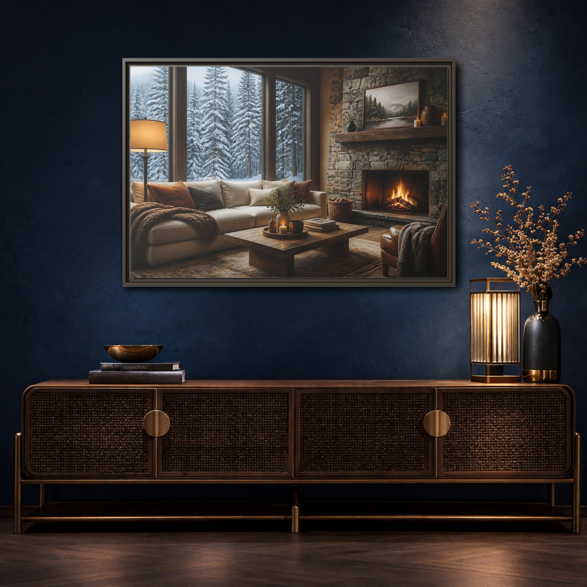 Mockup 4. Snowy Forest Window View shown as framed canvas print