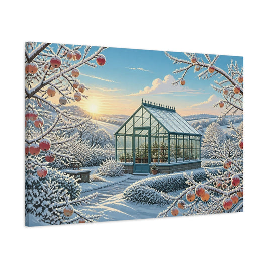 Main Mockup. Snowy Greenhouse Landscape shown as canvas print