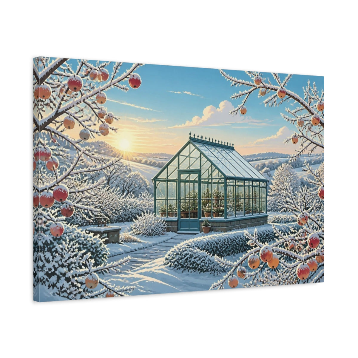 Side Mockup 2. Snowy Greenhouse Landscape shown as canvas print