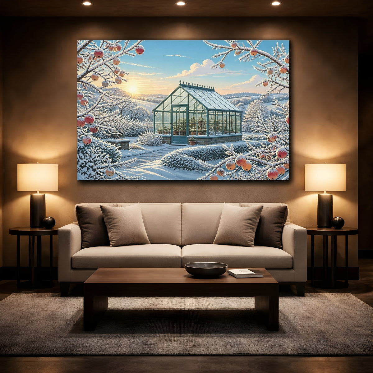Mockup 2. Snowy Greenhouse Landscape shown as canvas print