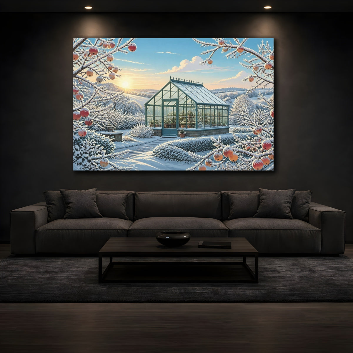 Mockup 3. Snowy Greenhouse Landscape shown as canvas print