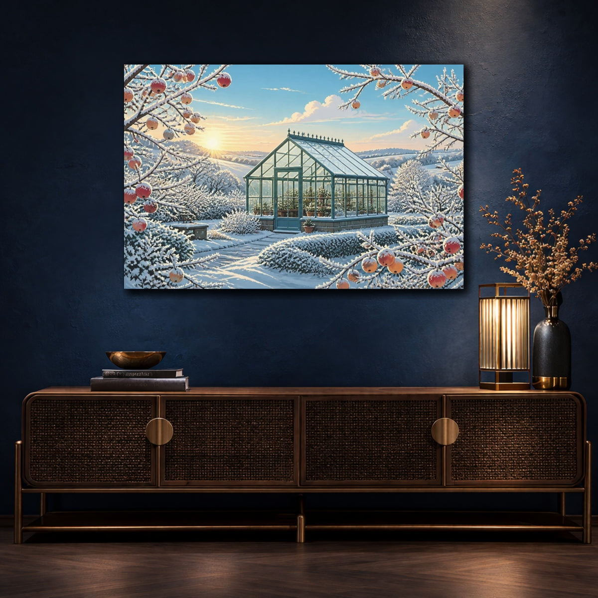 Mockup 4. Snowy Greenhouse Landscape shown as canvas print