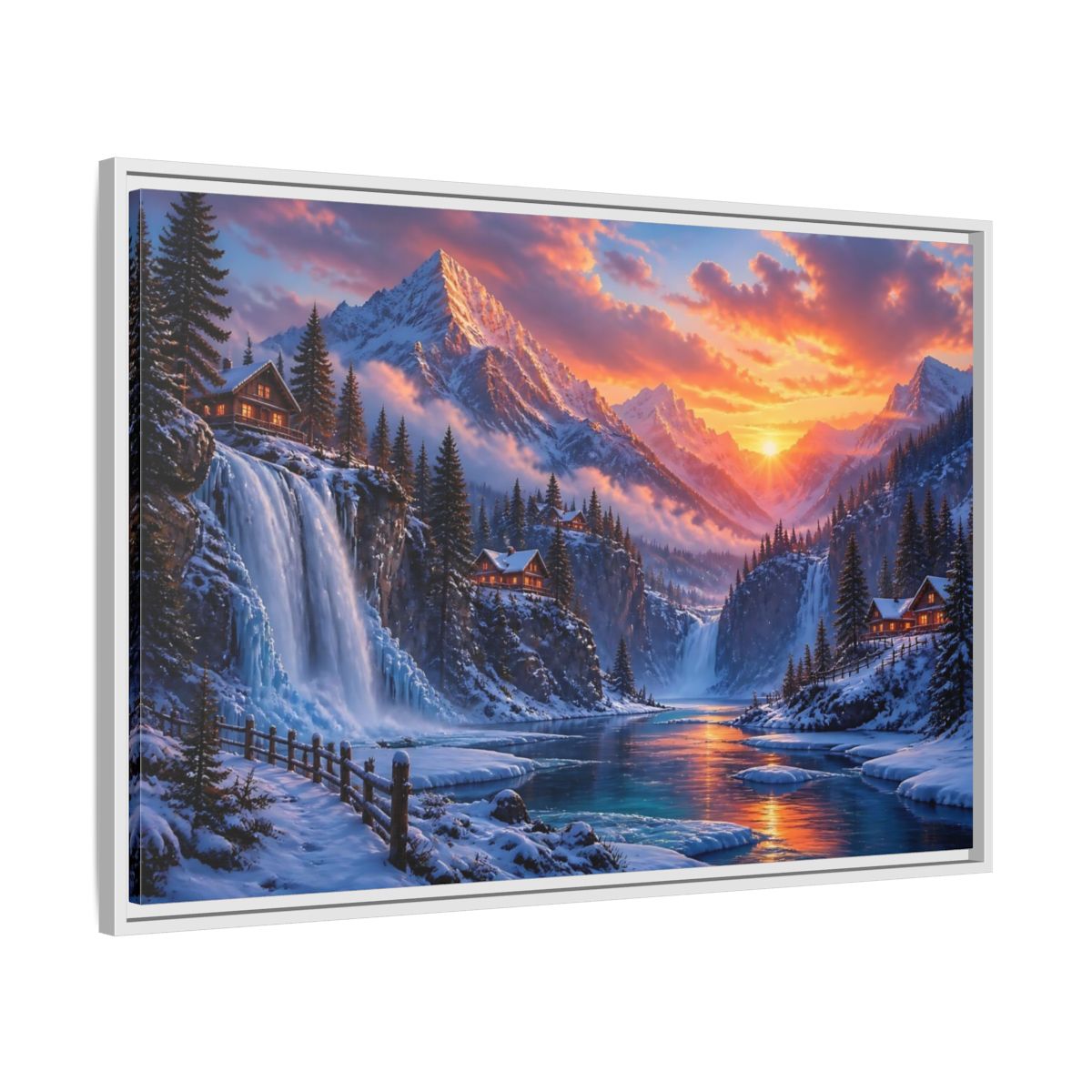 Side Mockup 9. Snowy Mountain Sunset shown as framed canvas print