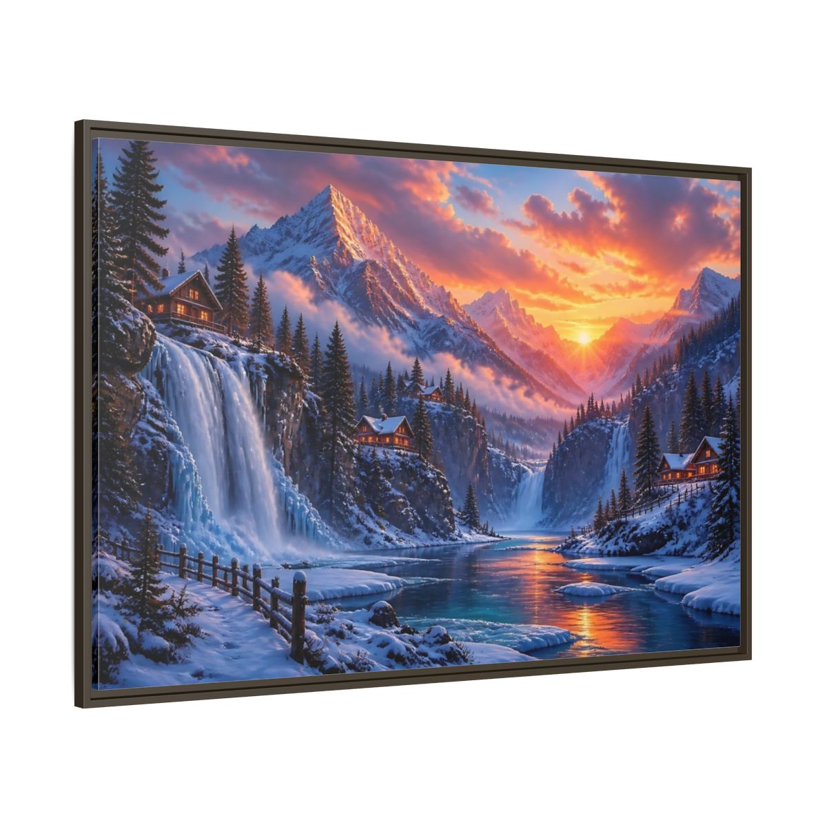 Side Mockup 8. Snowy Mountain Sunset shown as framed canvas print