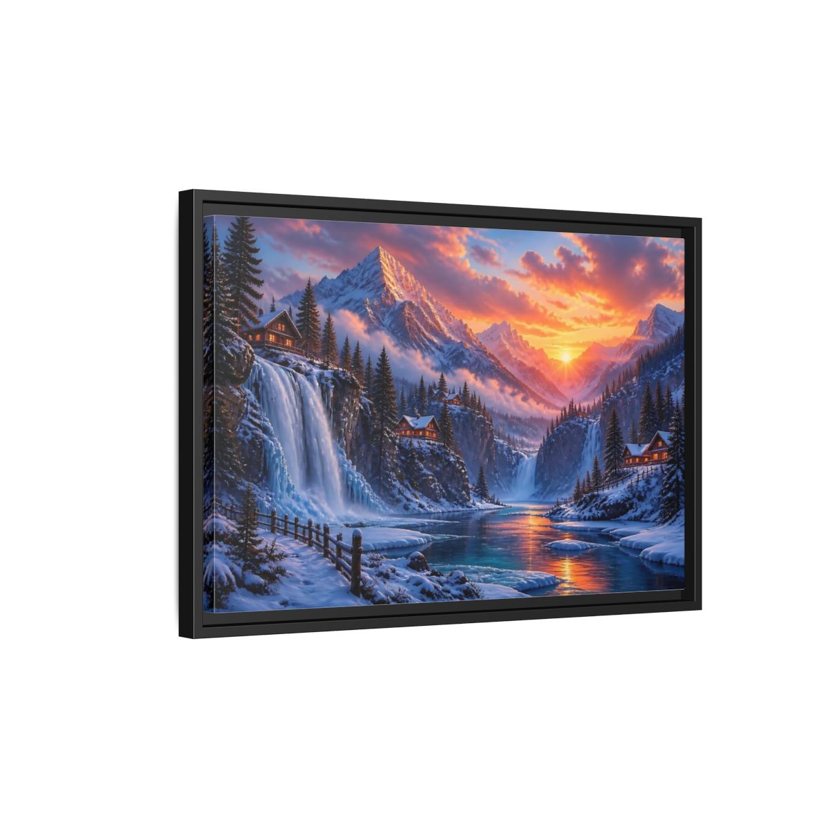 Side Mockup 3. Snowy Mountain Sunset shown as framed canvas print