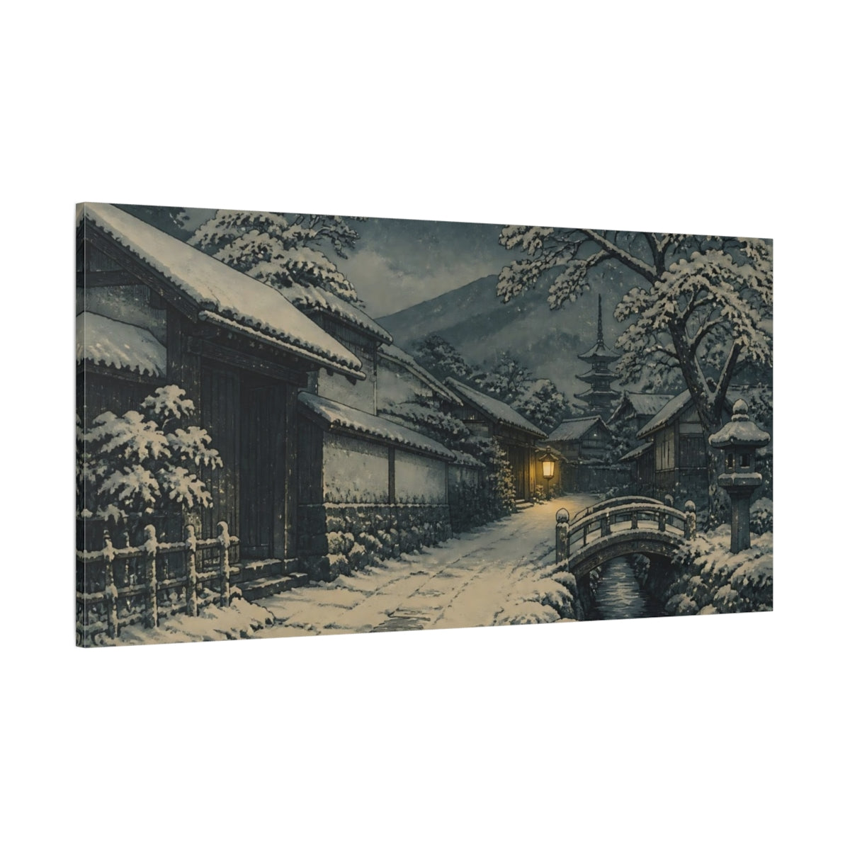 Side Mockup 2. Snowy Village Street At Night shown as canvas print