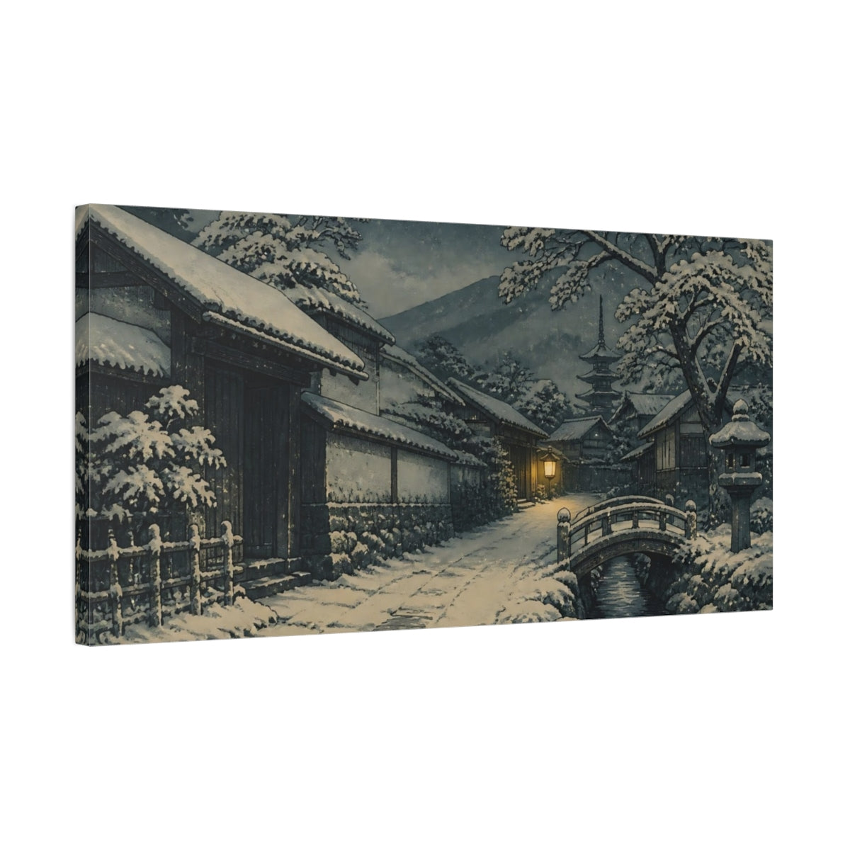 Side Mockup 1. Snowy Village Street At Night shown as canvas print