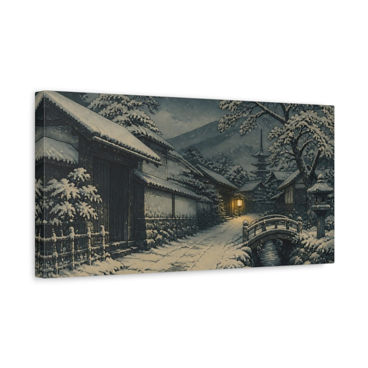 Side Mockup 3. Snowy Village Street At Night shown as canvas print